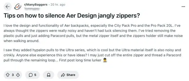 Aer backpacks zipper discussion in Many Baggers subreddit